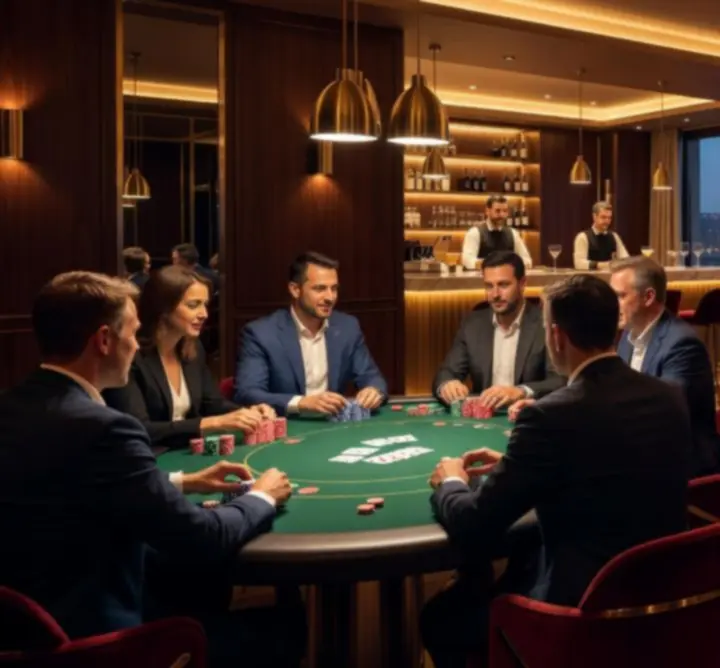 Elegáns, gyengén megvilágított lounge tér vendégekkel és pókerasztalokkal.