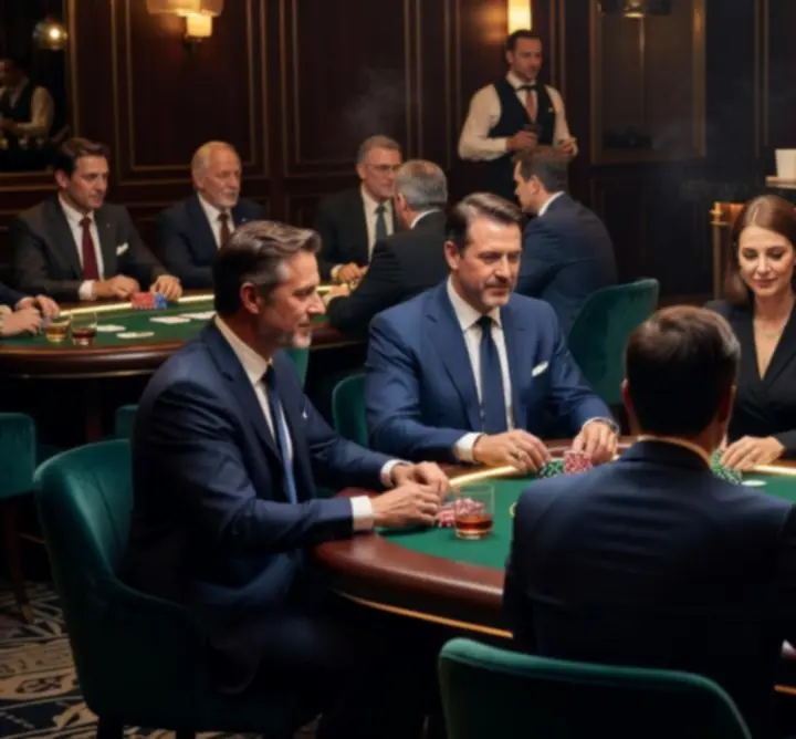 Modern poker asztalok játék közben a Style Guide Today Lounge-ban, koncentráló játékosokkal.